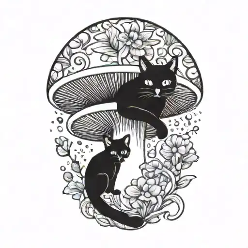 Colorful Mushroom With Black Cat