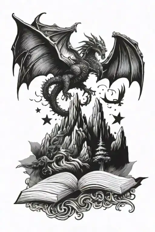 Book With A Mountain On Top With Three Stars Over The Mountain With Dragons Flying Around