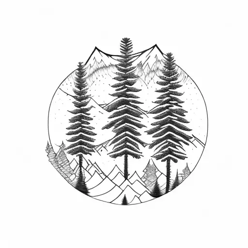 Three Pine Trees With A Mountain Backdrop