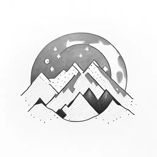 An Intricate Blackwork Tattoo Of A Mountain Range With A Handpan Player Silhouetted Against The Moon