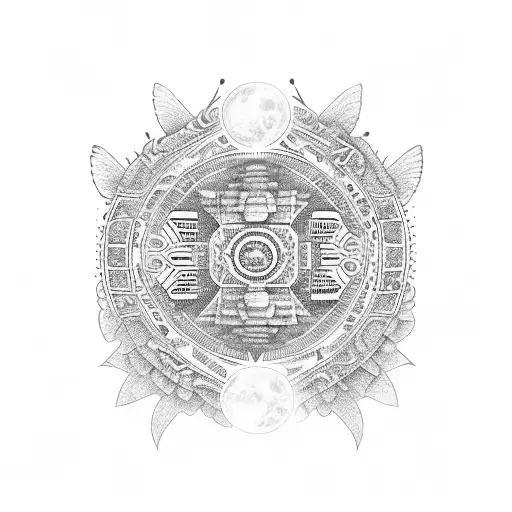 A Blackwork Tattoo Of A Mayan Calendar With Subtle Quetzal And Colibri Motifs