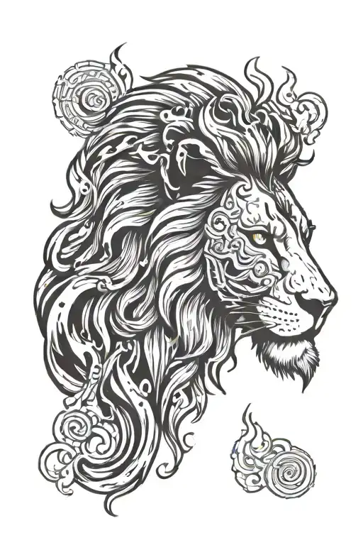 Lion Head And Water And Fire Surrounded