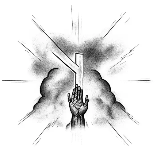 Hands Reaching For The Cross From Below In A Storm With Lighting And Clouds In The Background