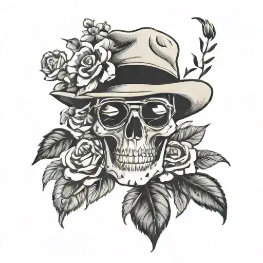 Skull Wearing Sunglasses And Hat Surrounded By Flowers