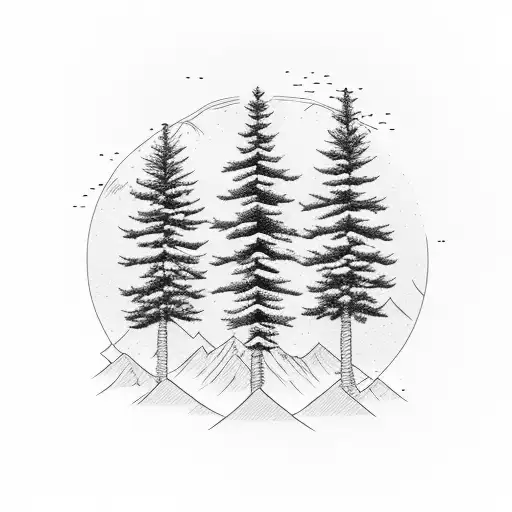 Three Pine Trees With A Mountain Backdrop