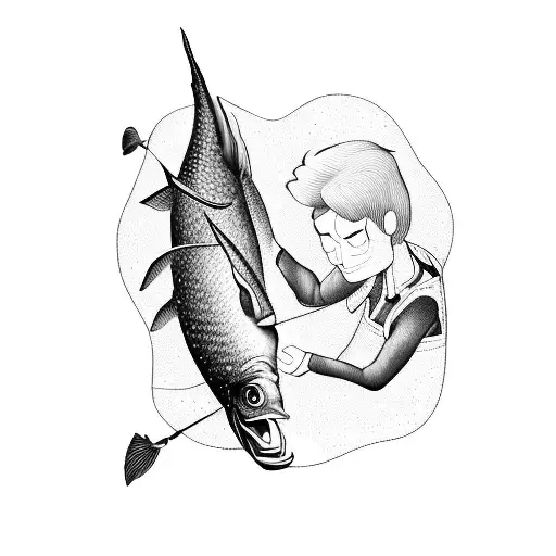 A Detailed Blackwork Tattoo Of A Fisherman Reeling In A Giant Fish