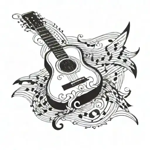 Guitar And Sheet Music With Notes In The Background