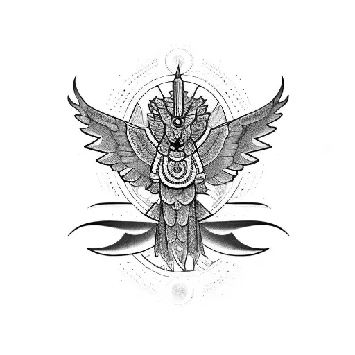 A Blackwork Tattoo Of A Mayan Calendar With Subtle Quetzal And Colibri Motifs