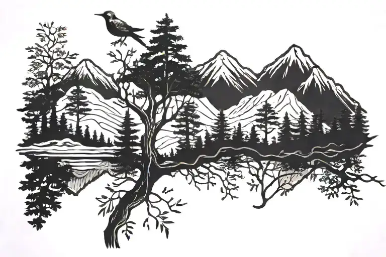 Tree Growing Birds Mountain Range