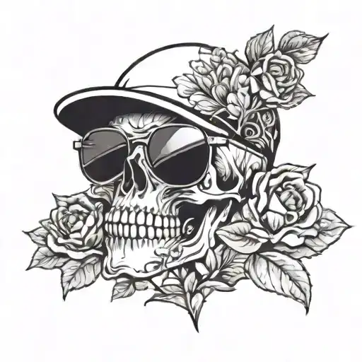 Skull Wearing Backwards Ball Cap And Sunglasses With Flowers In Background
