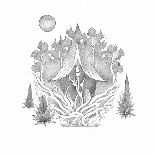 A Weed-themed Magical Forest With Witches Brewing Potions In Blackwork Style