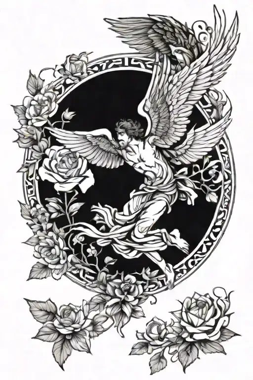 Icarus Falling With Wings And Flowers Intertwined Around It