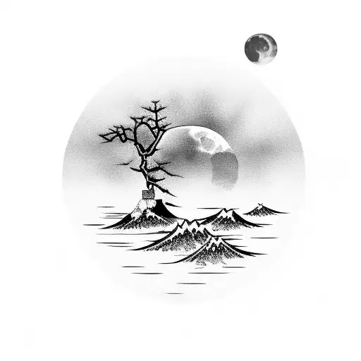 Japanease Style Black Ocean With A Moon A Red Sun And A Bonsai