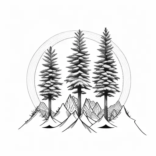 Three Pine Trees With A Mountain Backdrop