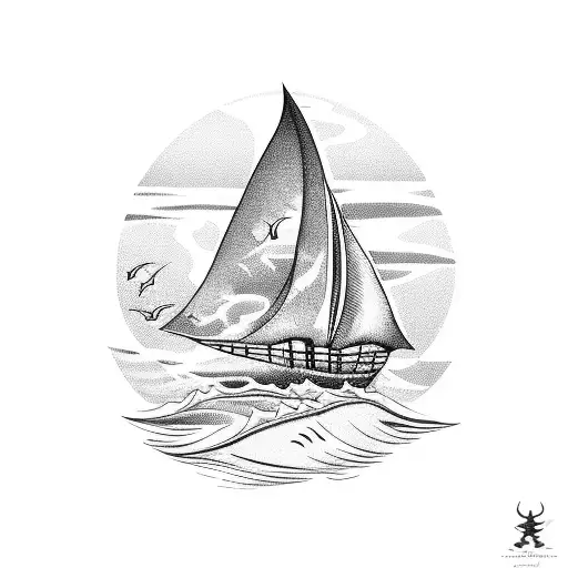 A Blackwork Tattoo Of A Fishing Boat Sailing Towards A Giant Shark Fin Emerging From The Water