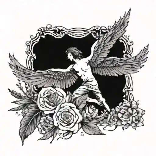 Icarus Falling With Wings And Flowers Intertwined Around It