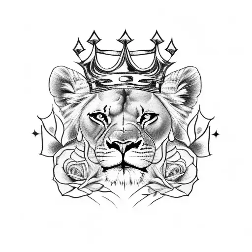 Lioness Queen With A Crown And With Blue Eyes And Roses Around