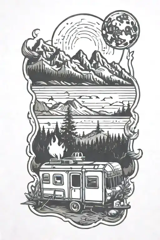 Campfire By Trailer With Mountain Range