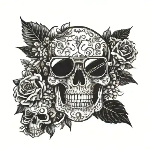 Skull Wearing Sunglasses With Steam And Flowers In Background