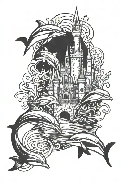 Disney Castle And Dolphins Swimming