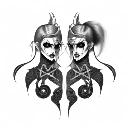 Goth Cyborg Gemini Sisters Conjoined Facing Each Other