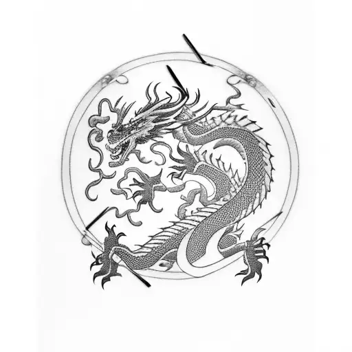 Dragon Fighting A Samurai With A Cherry Tree In Background