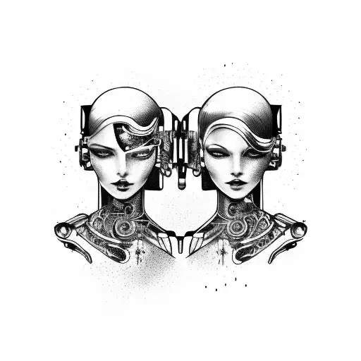 Cyborg Gemini Sisters Faces Conjoined Holding Hands