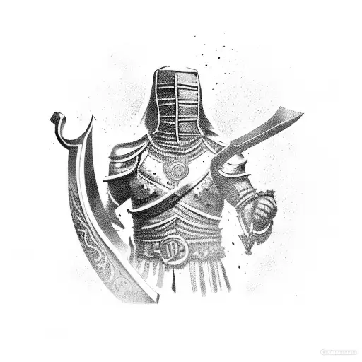 Warrior Kneeling Infront Of A Sword With Banner And A Date