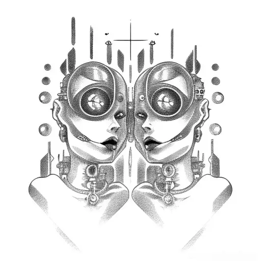 Cyborg Gemini Goth Sisters Faces Conjoined Holding Hands