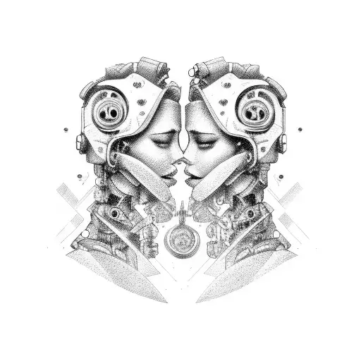 Cyborg Gemini Sisters Faces Conjoined Holding Hands