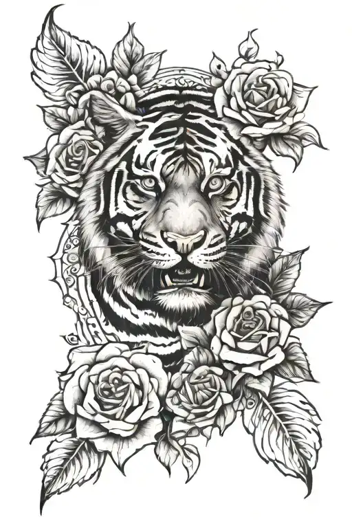 Half Tiger Face Blue Eye And Roses