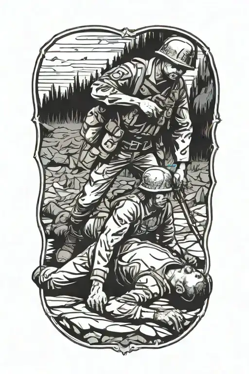 1 Soldier Standing Over A Wounded Comrade Laying On The Ground