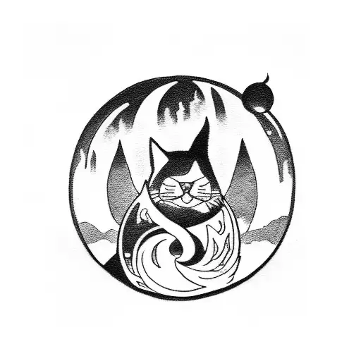 A Blackwork Tattoo Of A Katana And A Cat Silhouetted Against A Full Moon