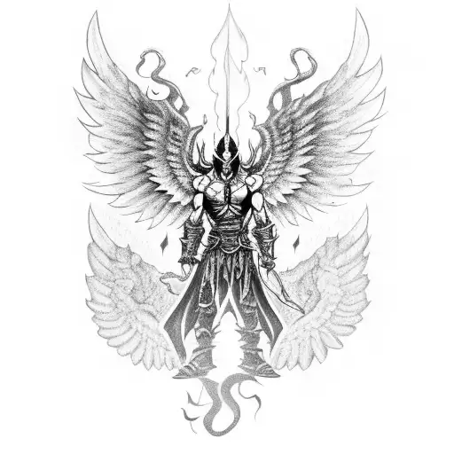 A Demon With Wings And Armor Holding A Flaming Sword