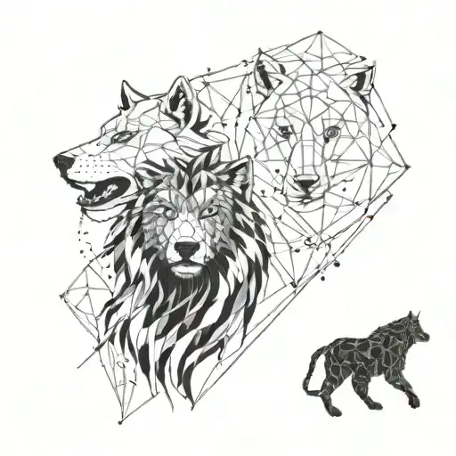 Wolf And Lion Scattered With Geometric Figures And Dotted And Solid Lines