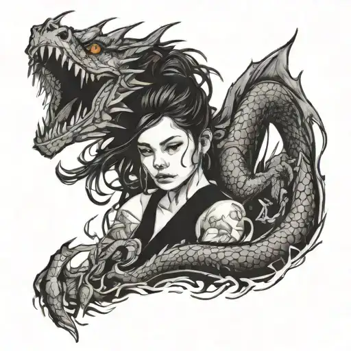 A Girl In The Skin Of A Dragon Burning In A Fire