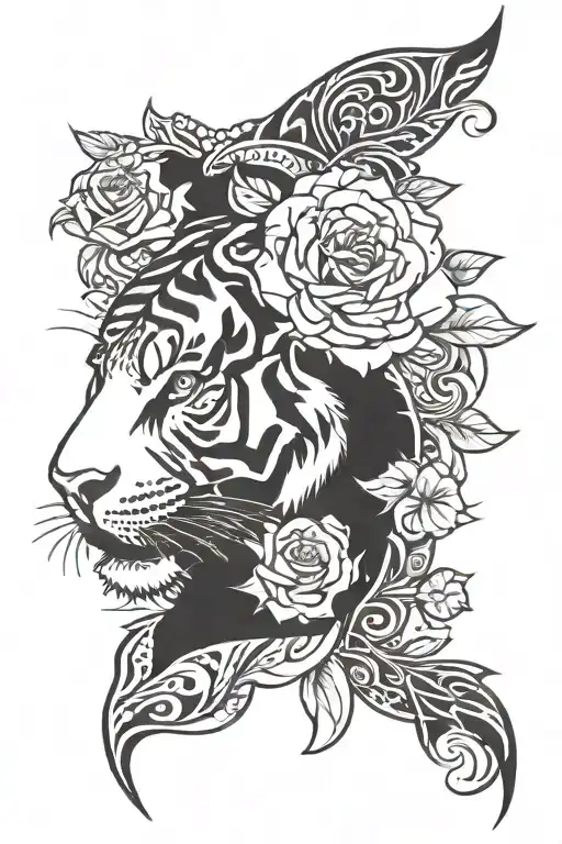 Rose On Bottom Half And Half Of Tiger Face On Top