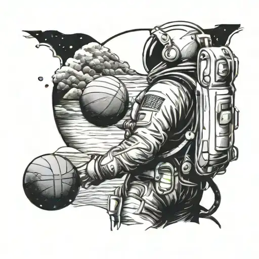 Astronaut Looking Over Water With Back Turned During The Night Holding A Basketball
