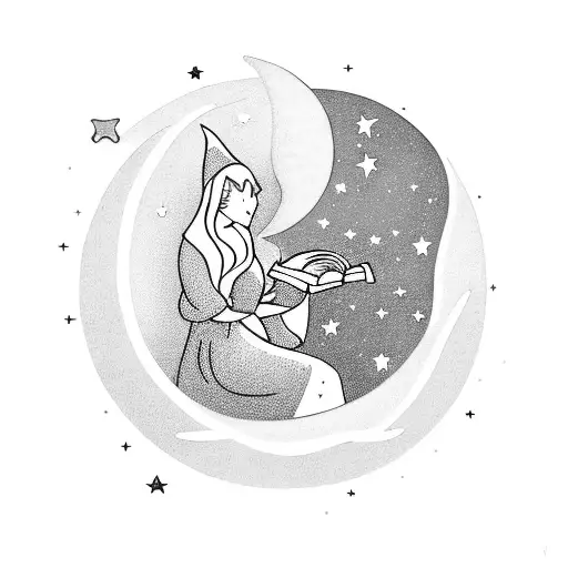 A Mystical Moonlit Scene With A Witch Reading A Book Under A Starry Sky