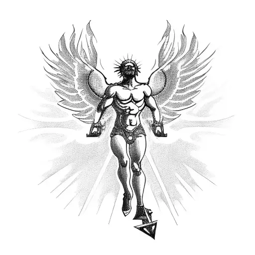 A Blackwork Tattoo Of Icarus Ascending Towards The Sun With A Gaming Controller In His Hand