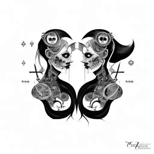 Goth Cyborg Gemini Sisters Conjoined Facing Each Other