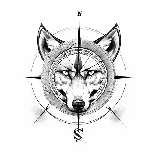 A Compass Rose Intertwined With A Wolf