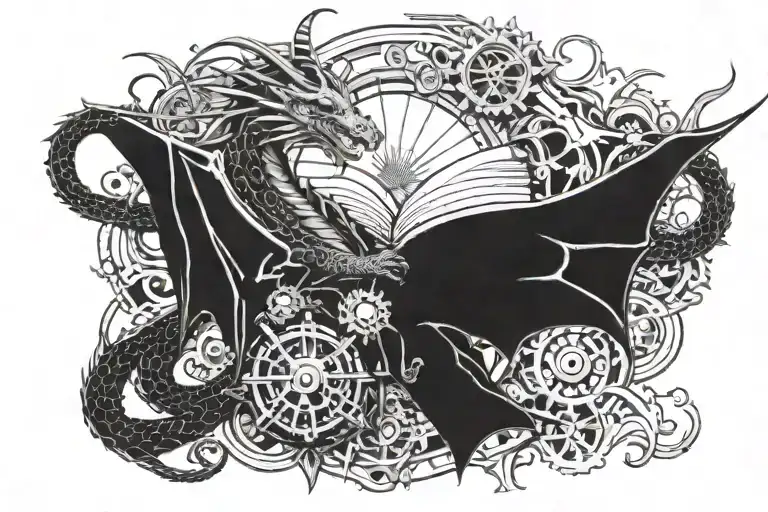 Fine Line Dragon Flying With Gears And Swords And A Wizard Reading Books