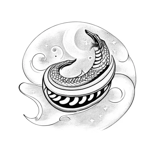 Cobra Coiled Around A Crescent Moon