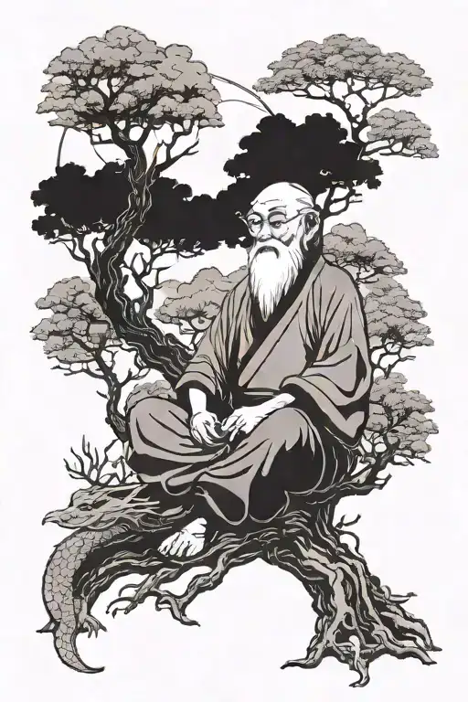 Uncle Iroh Sitting Beneath A Tree While The Sun Goes Down With Dragon Of The East Coming Down