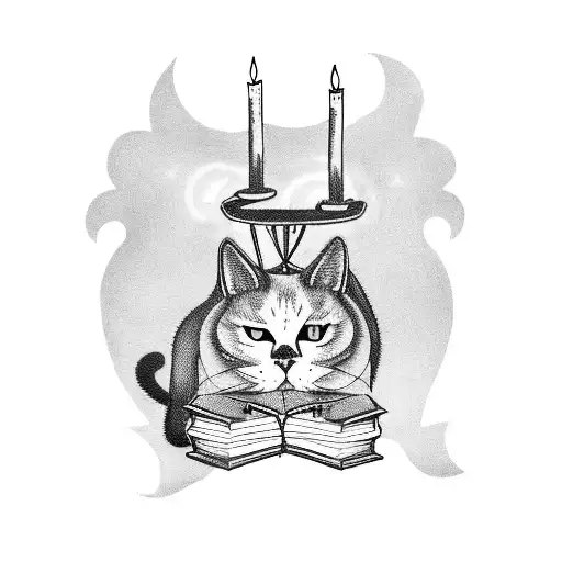 Black Cat On Top Of Books With Candles Around And Things Related To Witchcraft