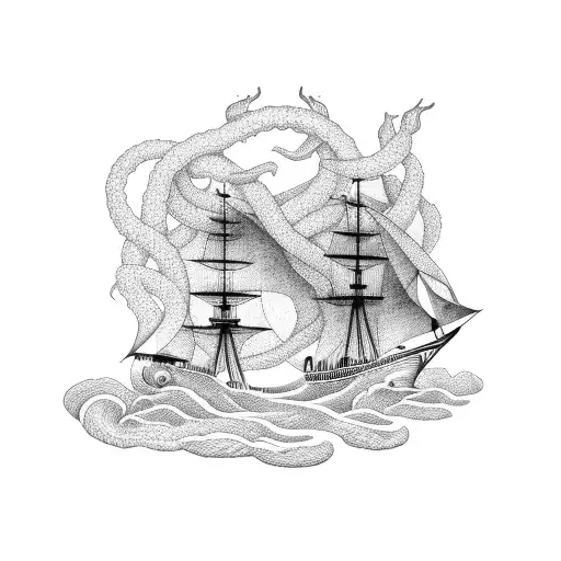 A Ship Being Attacked By A Big Kraken