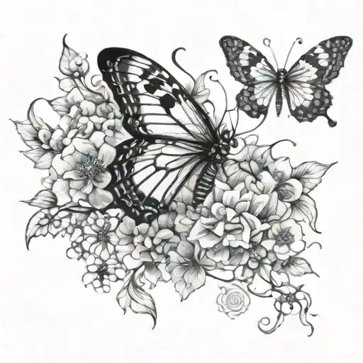 Butterfly With Spider Elements And Oriental Flowers In Watercolor
