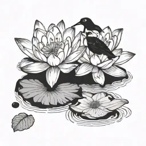 Two Water Lilies With 3 Blackbirds