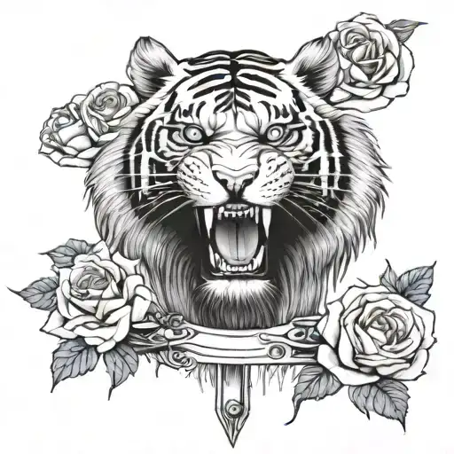 Big Tiger Surrounded With A Sword And Has Blue Eyes And Wrapped Around Fully With Roses